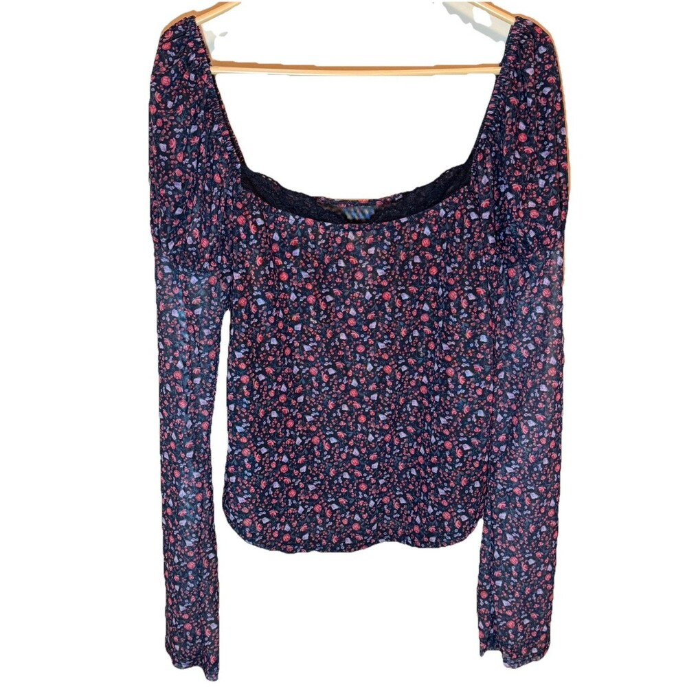 Anthropologie Maeve Black Floral Puff Sleeves Romantic Boho Blouse Size XL
